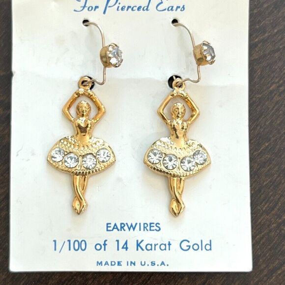 VTG 14k Karat Gold Dancing Ballerinas Zircon Earrings For Pierced Ears Made USA - Picture 2 of 7